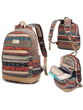 Bohemian Laptop Backpack 15.6 Inch USB Charging Port Travel Canvas Striped Bag